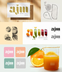 Diseño de marca y logotipos AJM zumos mediterráneos, branding de botellas de zumo natural y propuesta visual